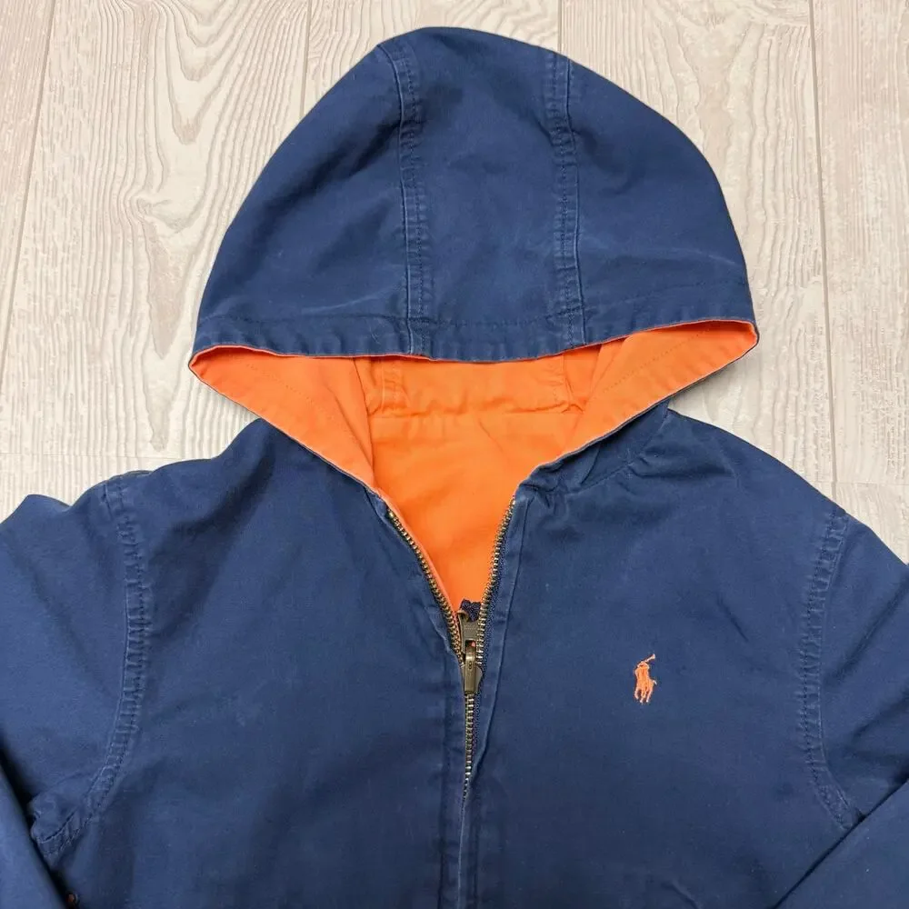 Polo Ralph Lauren Boys Toddler Reversible Hooded Jacket Navy Blue Orange Coat